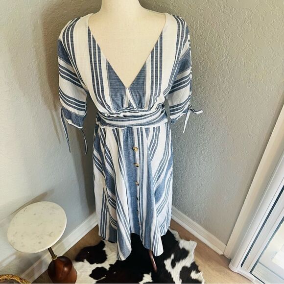 June & Hudson Tie Sleeve Striped Midi Dress, Blue/White, Size XL, NWOT - Picture 3 of 13